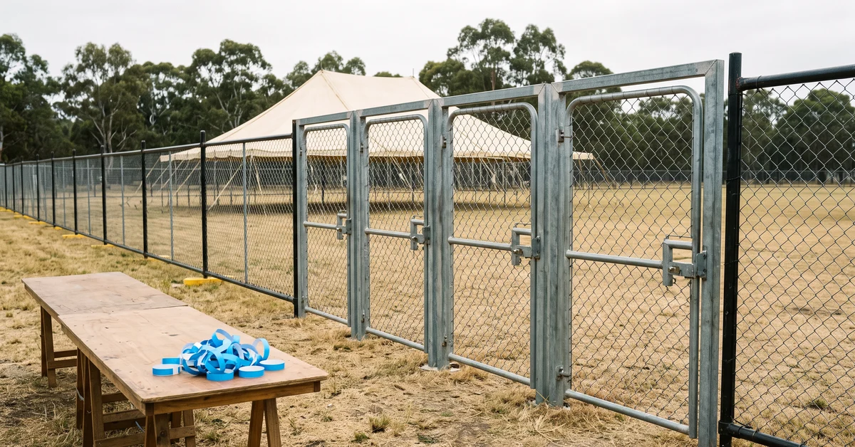 Empty entry gates and wristband tables at a festival site