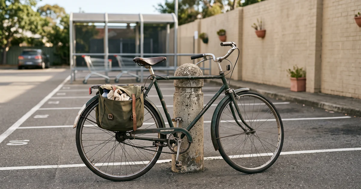 Bicycle leaning against a bollard in a supermarket car park