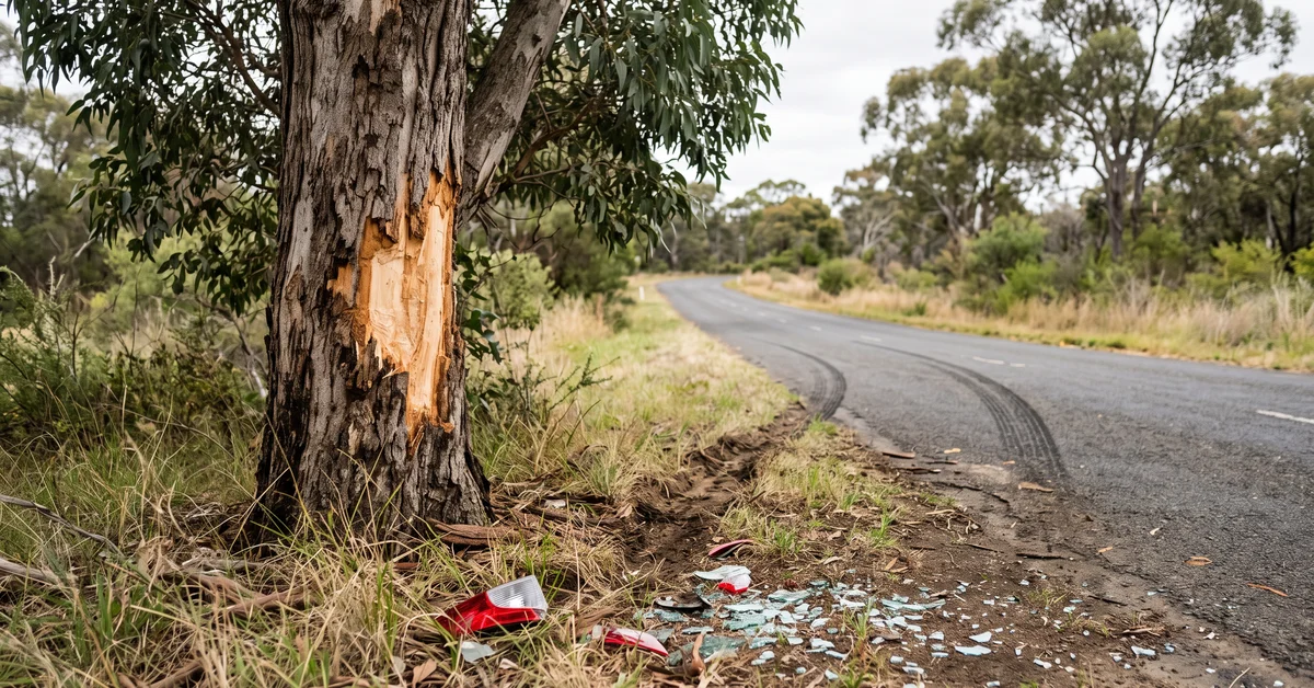 Scarred eucalyptus trunk beside a rural road verge