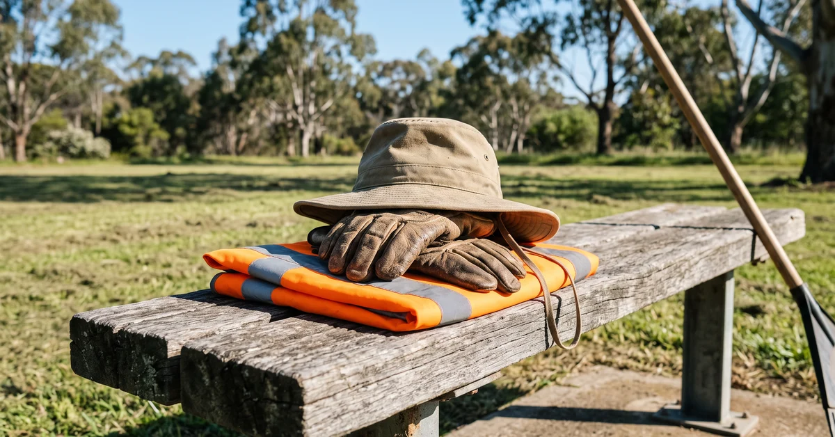 High-visibility vest and work gloves folded on a bench