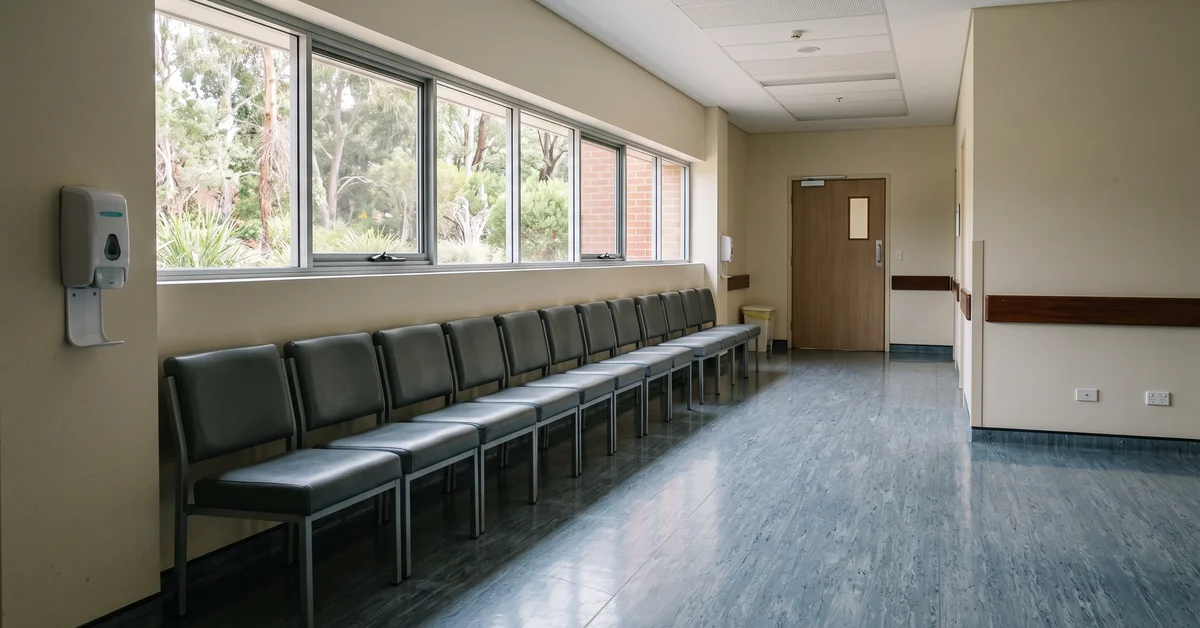 Empty hospital outpatient waiting corridor