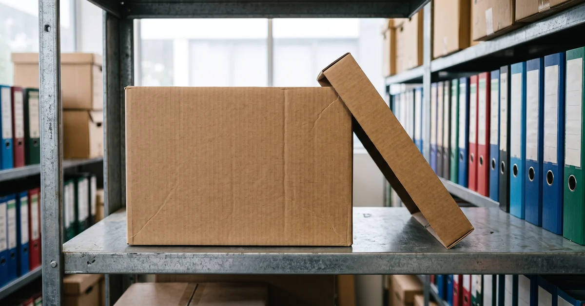 Archive box and lid on a shelf of legal files