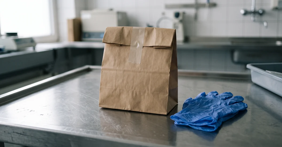 Sealed brown paper evidence bag folded on a bench