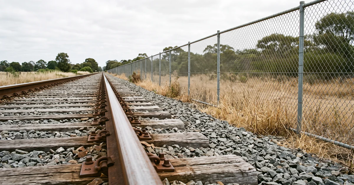 Railway track and ballast beside a chain-link boundary fence