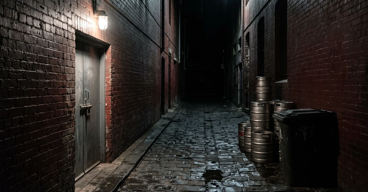 Rear service lane behind a pub at night with a wall light and fire door