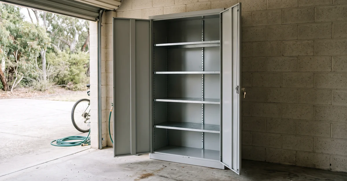 Open empty steel cabinet in a suburban garage