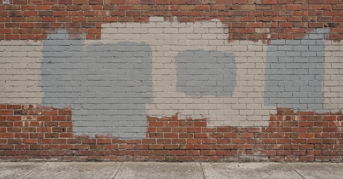 Mismatched patches of grey overpaint on a brick wall