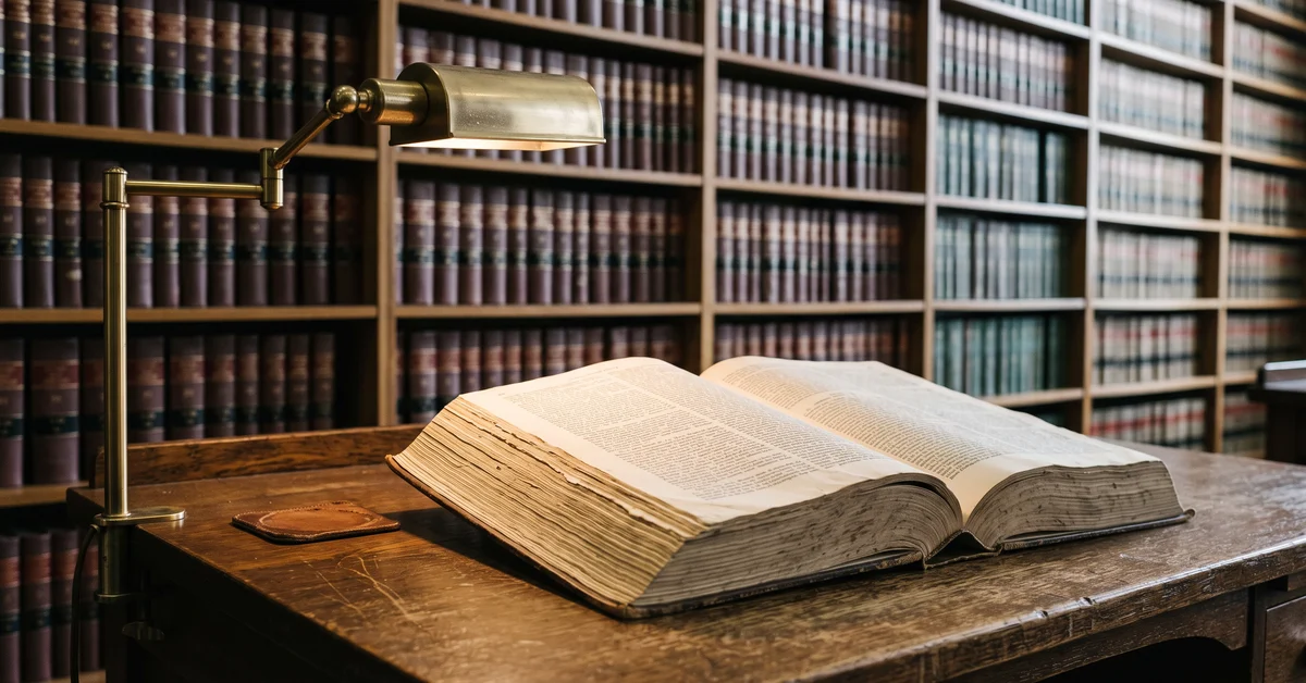 Open volume of bound law reports on a library reading desk