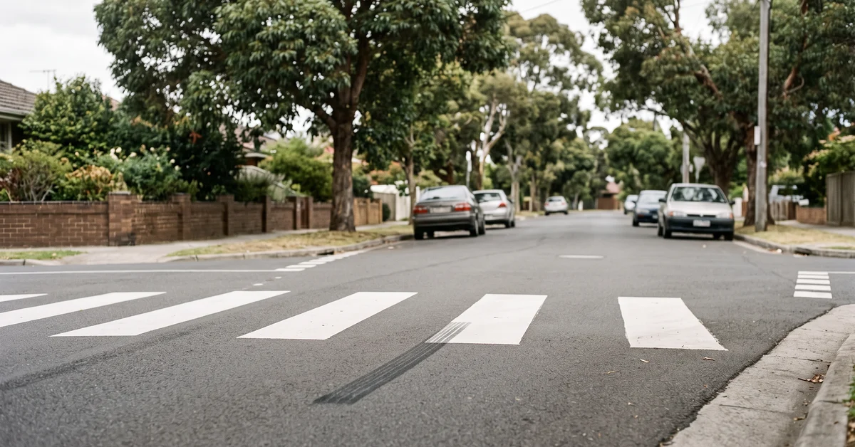 Pedestrian crossing on a quiet suburban street with a skid mark