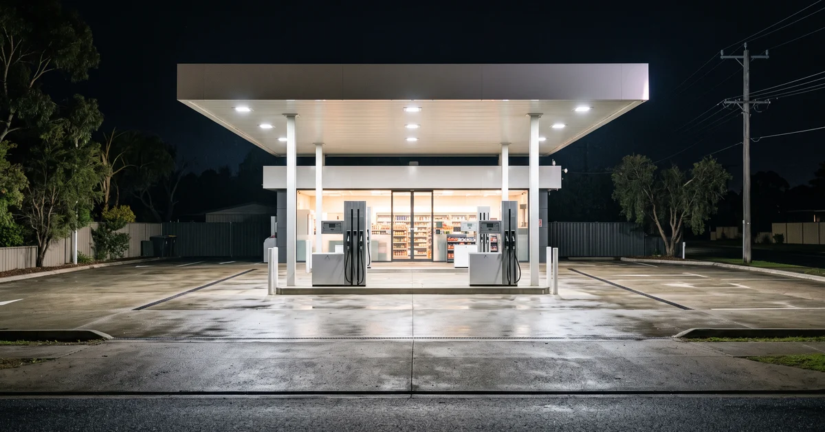 Empty service station forecourt at night under canopy lighting