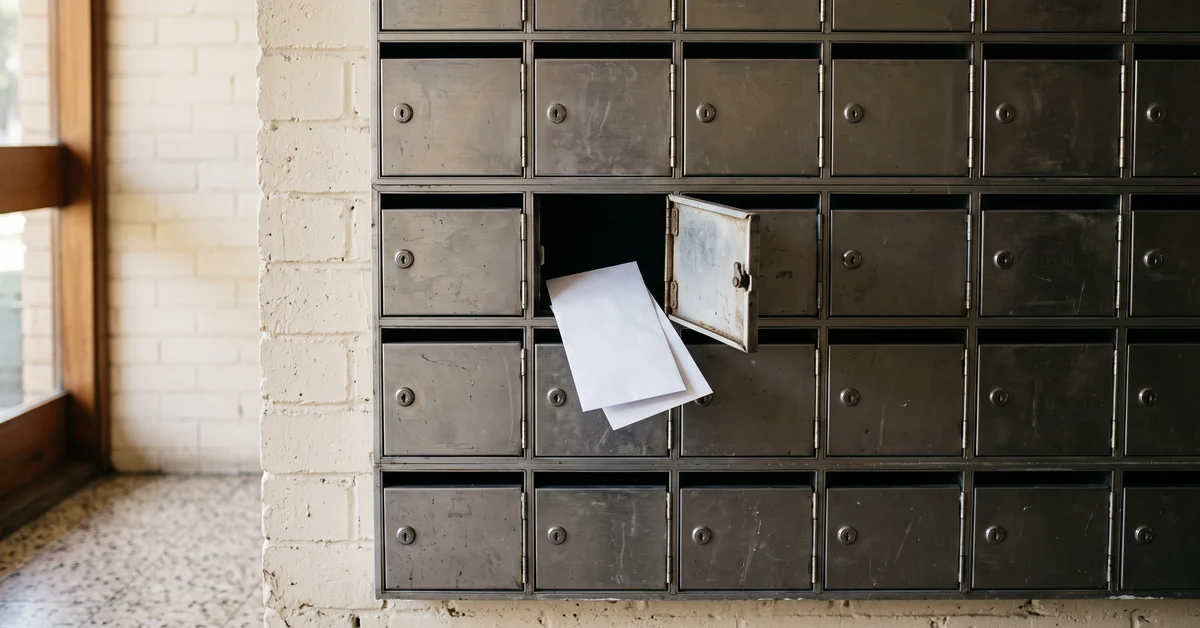 Bank of apartment letterboxes with one door open