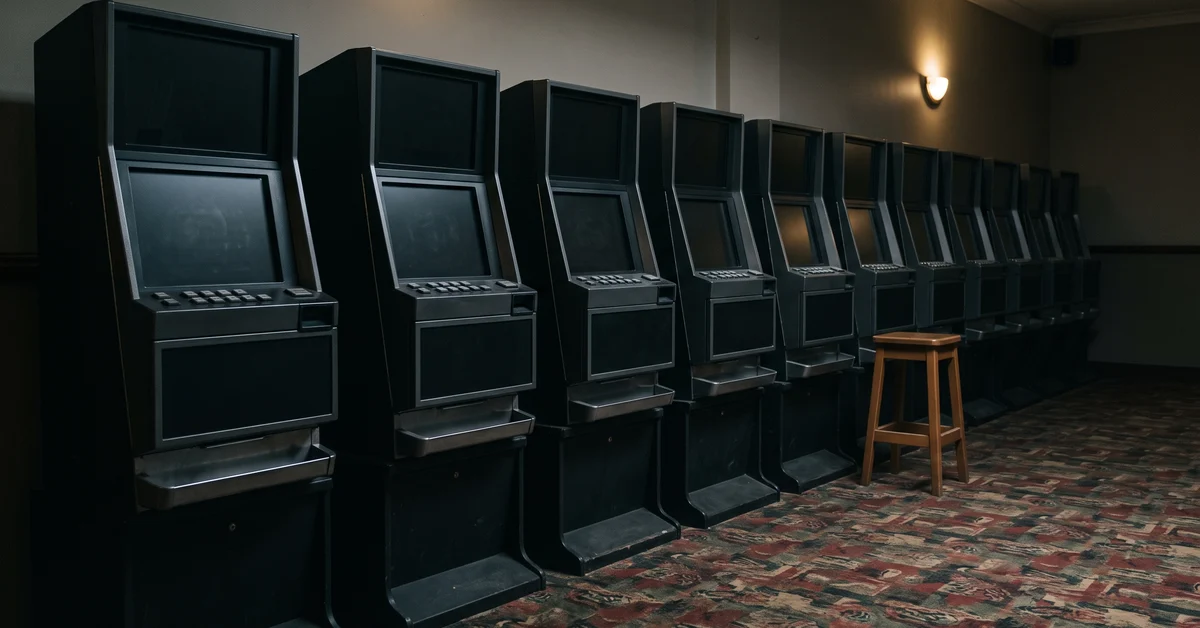 Row of dark arcade machines in a dimly lit room, with a wooden stool nearby.