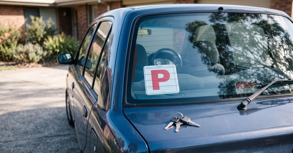 Red P-plate on a car's rear windscreen with keys resting on the boot