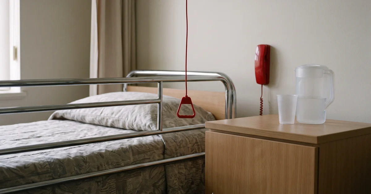 Unanswered call bell cord hanging beside a bed rail
