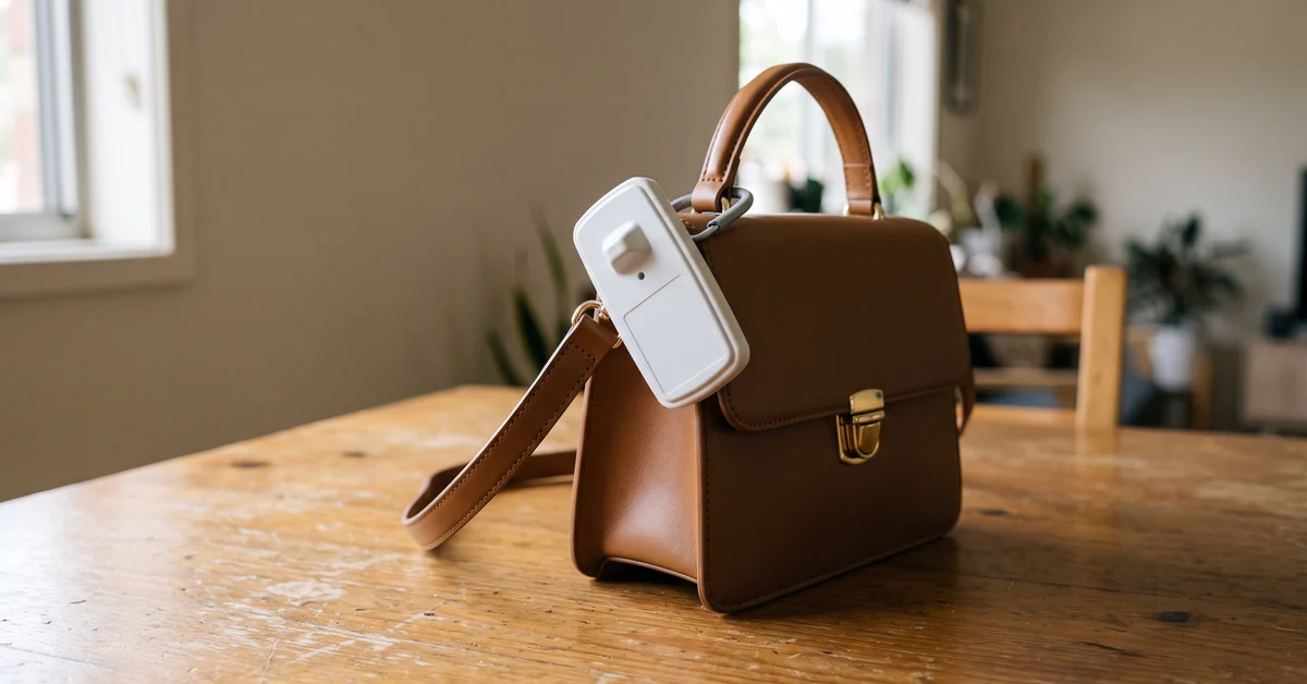 Small handbag on a table with a plastic security tag still attached