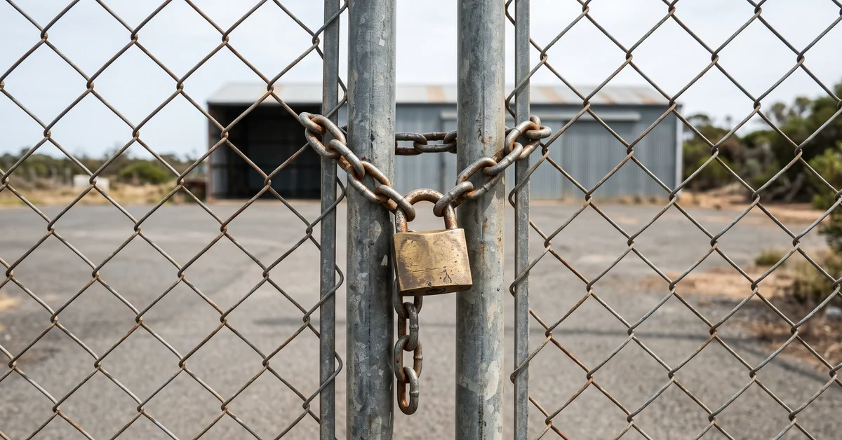 Padlocked chain across a chain-link industrial gate