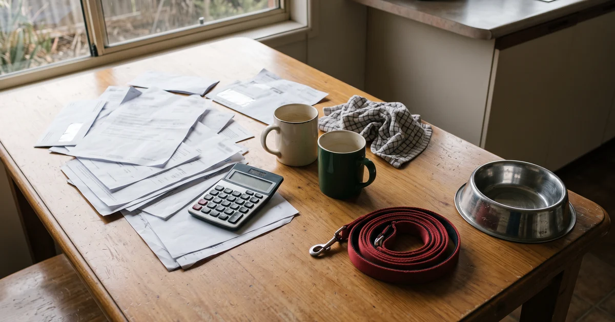 Kitchen table with household paperwork and a dog's lead and bowl