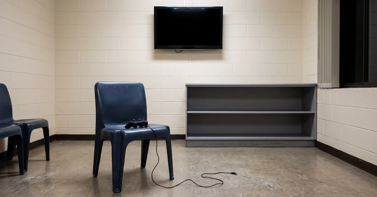 Game controller left on a vinyl chair in an institutional common room