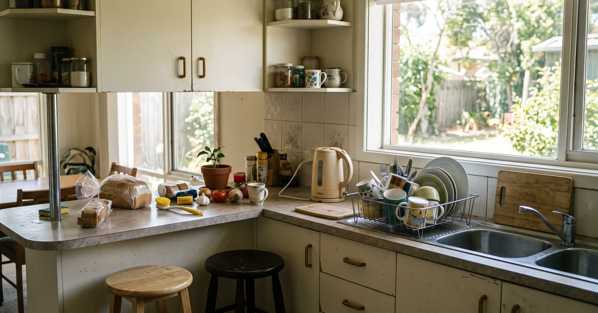 Cluttered kitchen counter with bread, tomatoes, garlic, and a yellow spatula; kettle plugged in, dish rack by sink, sunny garden view through window.
