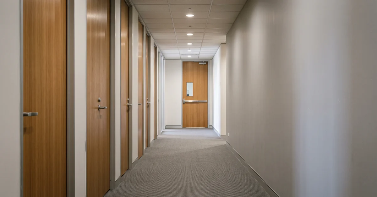 Empty office corridor with a row of closed doors