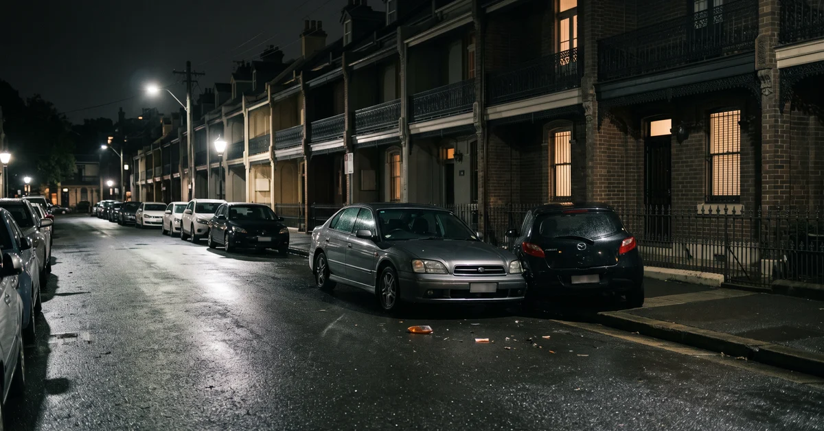 Wet inner-Sydney terrace street at night after a minor collision