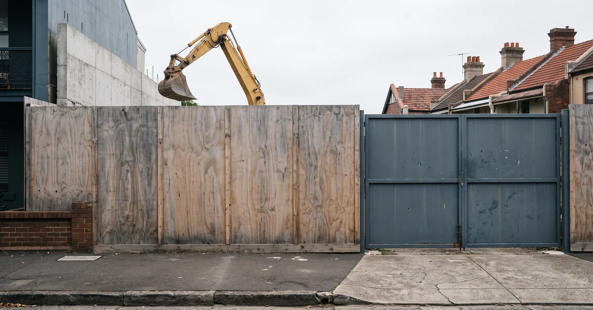 Plywood hoarding and gate at an urban construction site