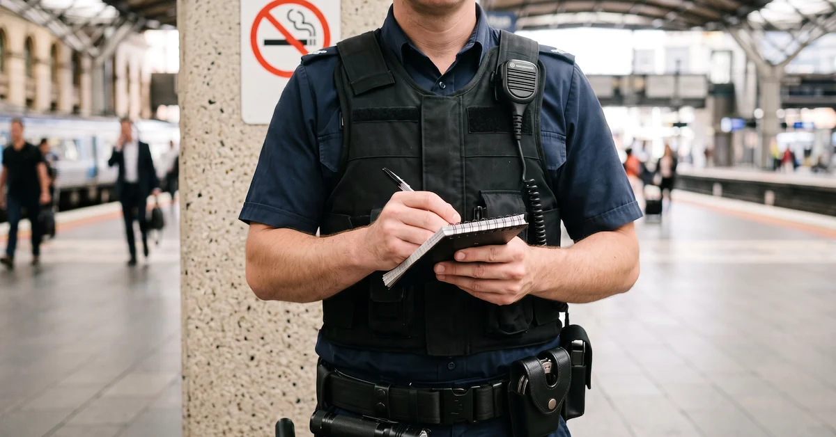 Police officer writing in a notebook beneath a no-smoking sign on a station concourse