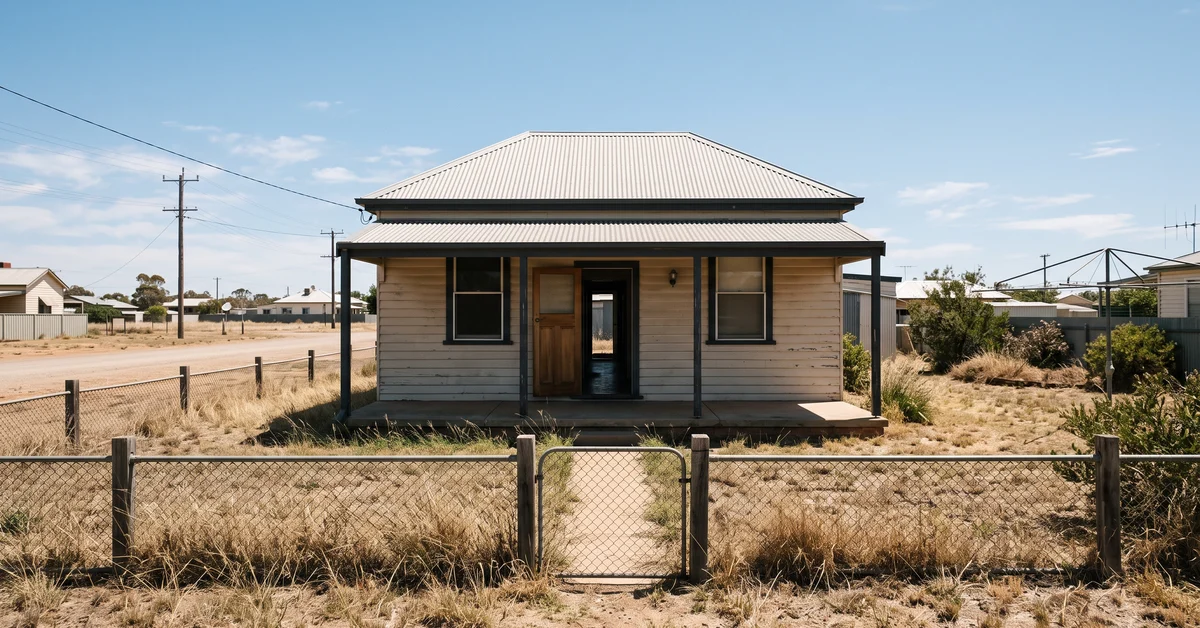 Small single-story house with a metal roof and open front door, front porch, inside fenced yard in a dry, desert-like neighborhood.
