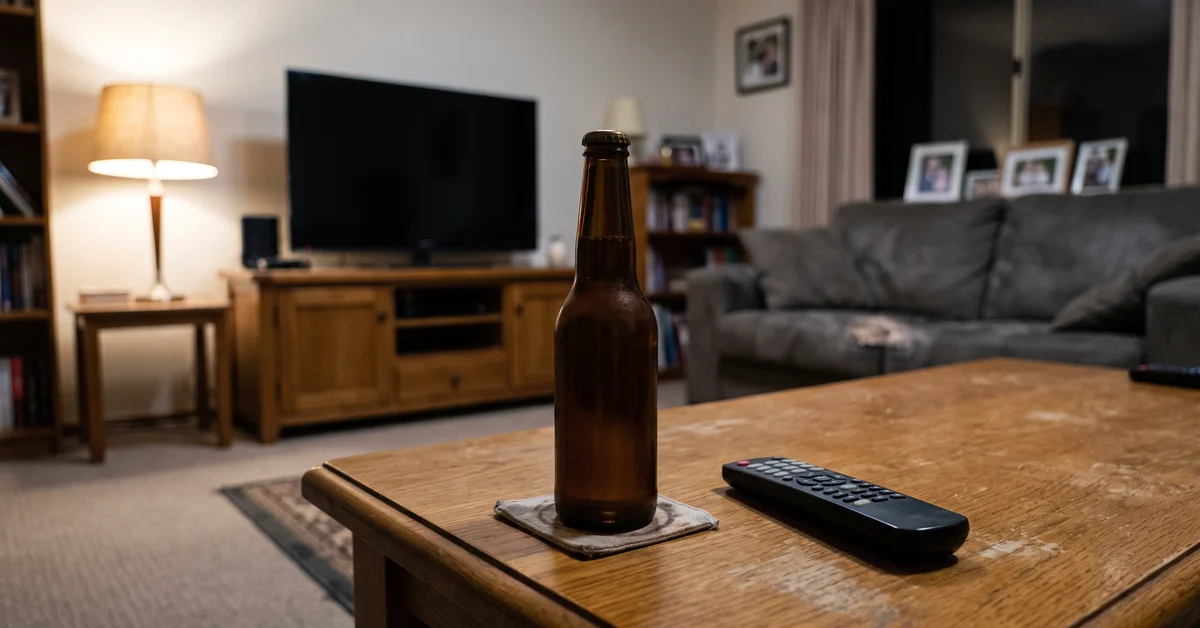 Single beer bottle and a remote control on a lounge room coffee table