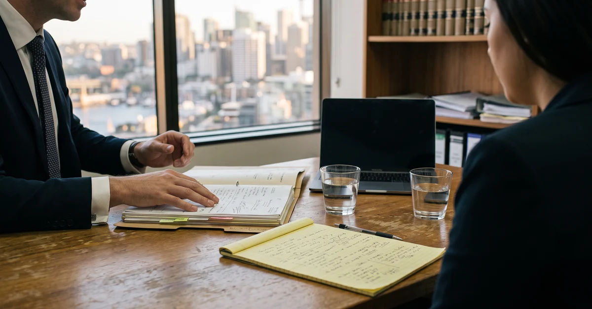 Solicitor and client in conference over an open file in a Sydney office