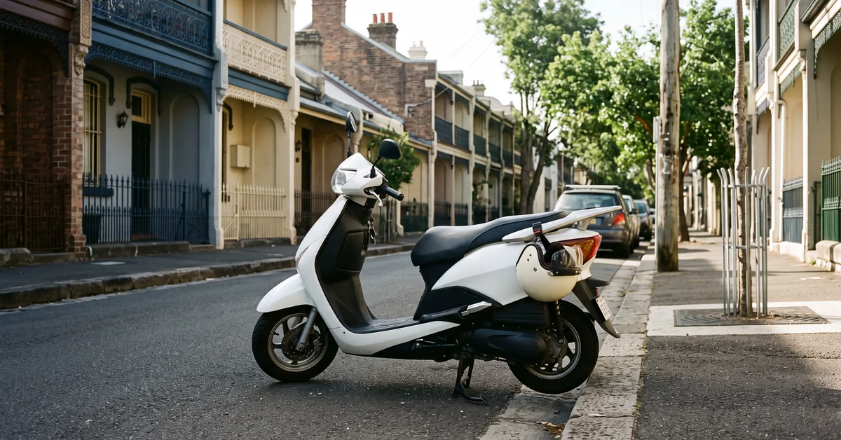 White scooter parked on a city street beside a curb with classic row houses in the background.