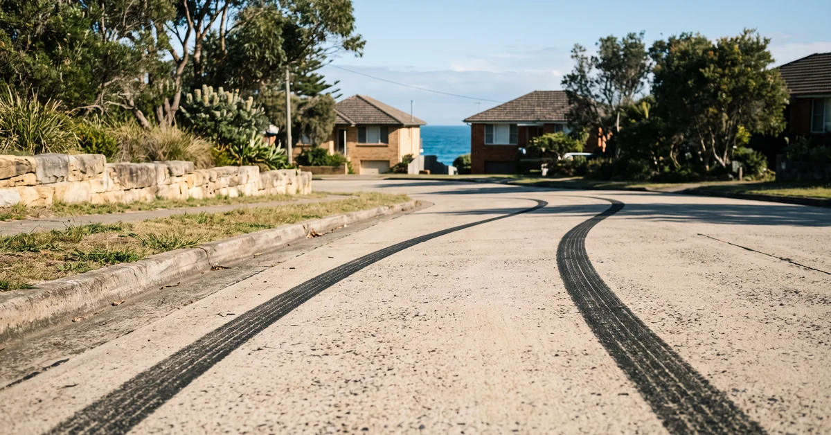 Residential street in a coastal suburb with two houses and trees, tire skid marks curved along the road toward the sea.