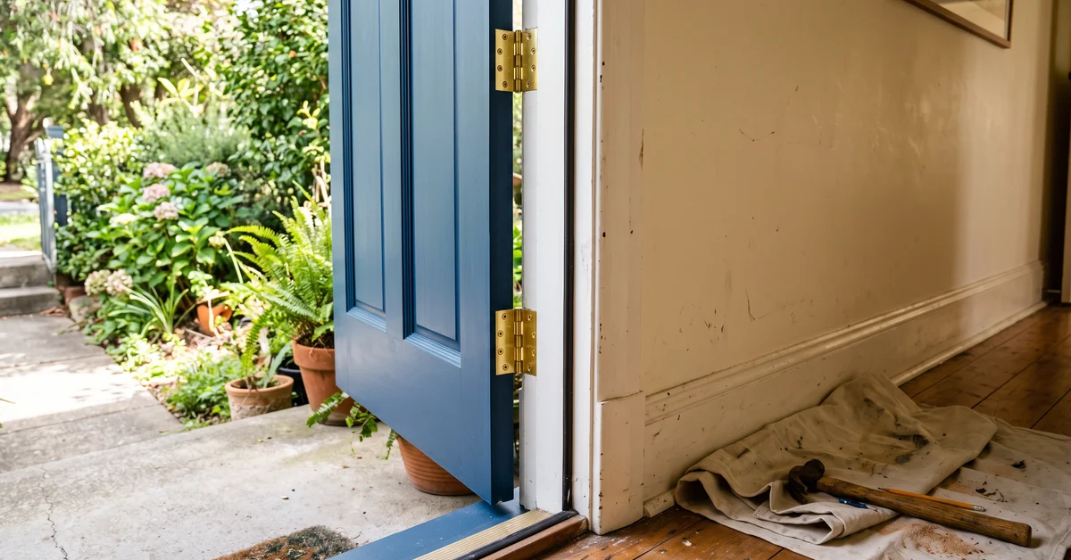 Newly hung front door with bright hinges in a repaired frame
