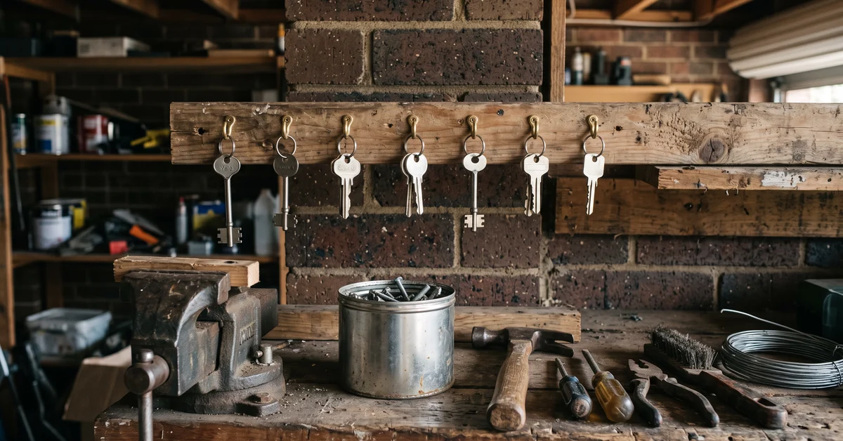 Keys hanging on a hook above a suburban garage workbench
