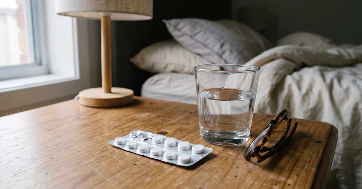 Blister pack of tablets and a glass of water on a bedside table