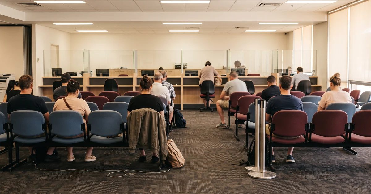 Empty numbered-ticket waiting area of a government service centre
