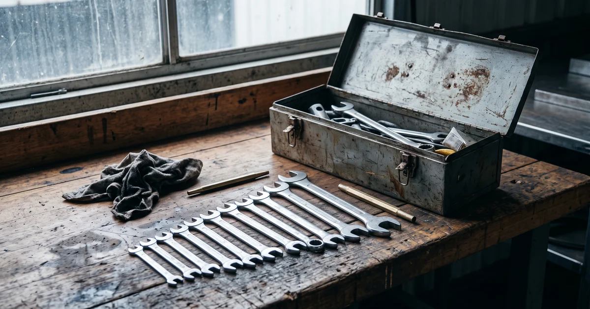 Apprentice mechanic's spanners laid out on a workshop bench