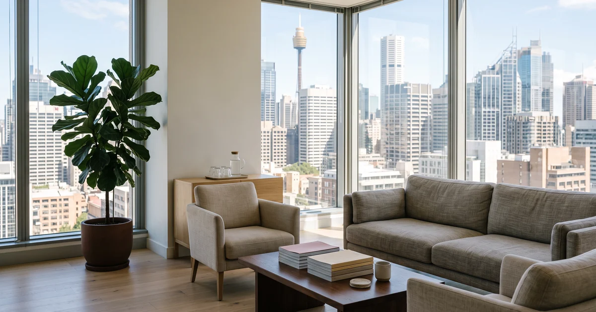 Sunlit reception area of a contemporary law firm