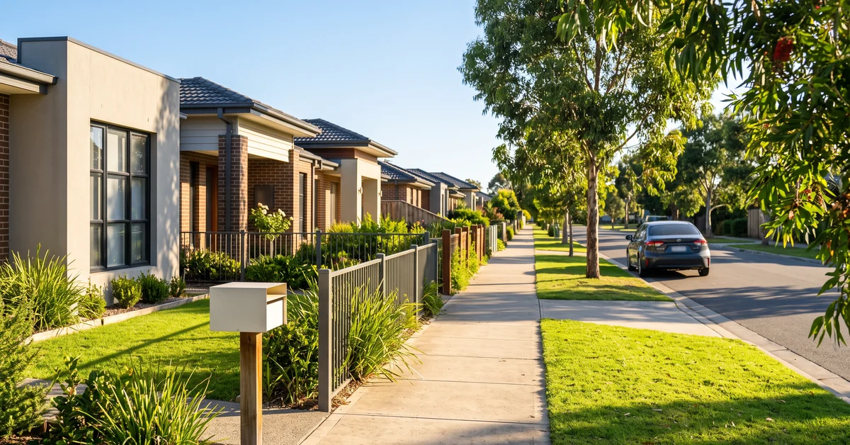 Suburban street with modern single-family homes, manicured lawns, and a parked car along the curb in sunshine.