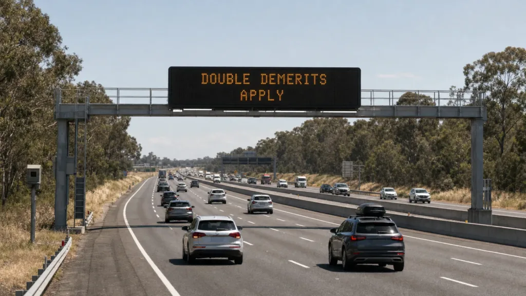 Illustrative NSW motorway scene with an overhead double demerits warning sign