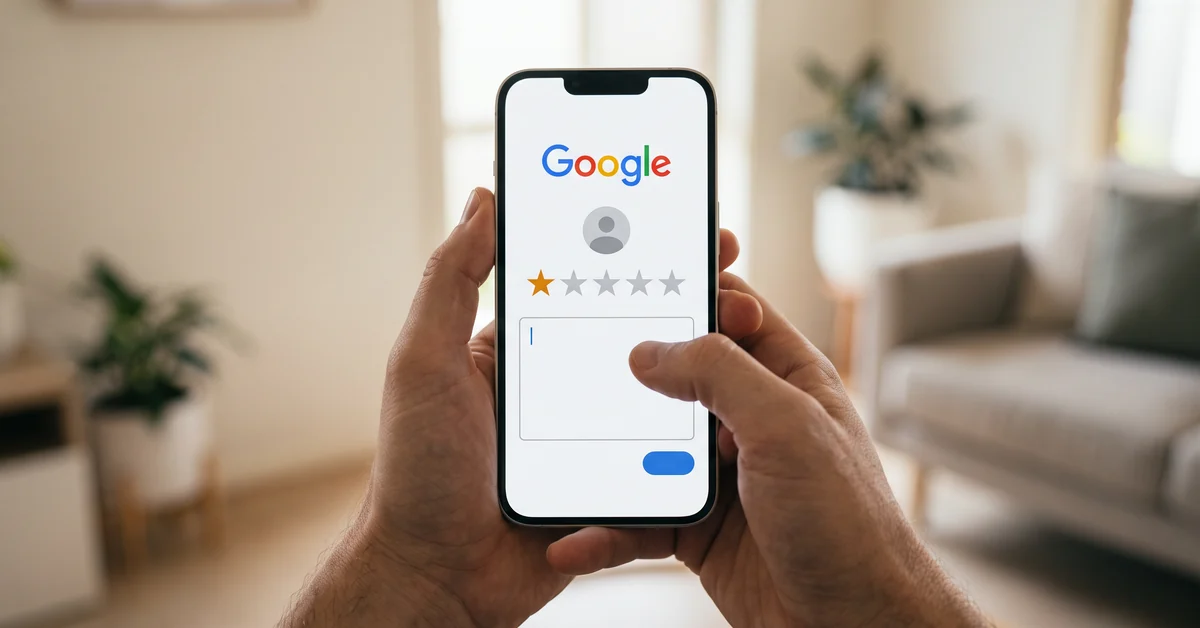 Hands holding a smartphone showing a one-star Google review being started, with an empty comment field