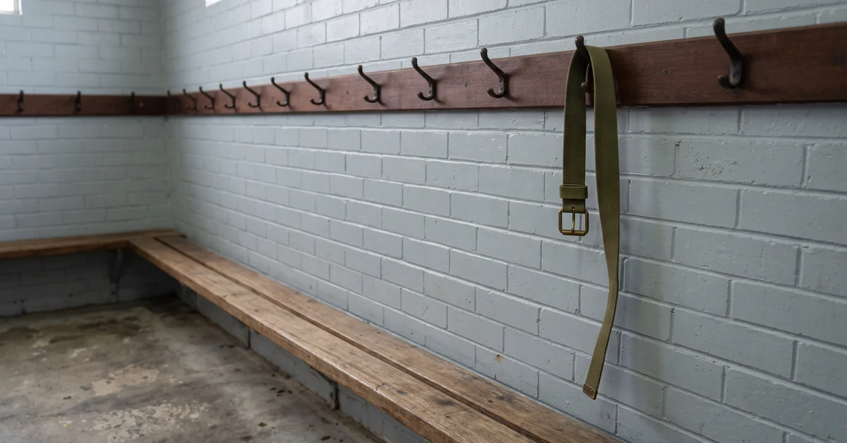 Locker room corner with a wooden bench and a row of hooks along the wall; an olive belt hangs from one hook.