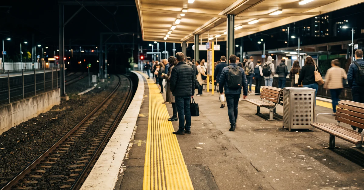 Empty suburban railway platform at night