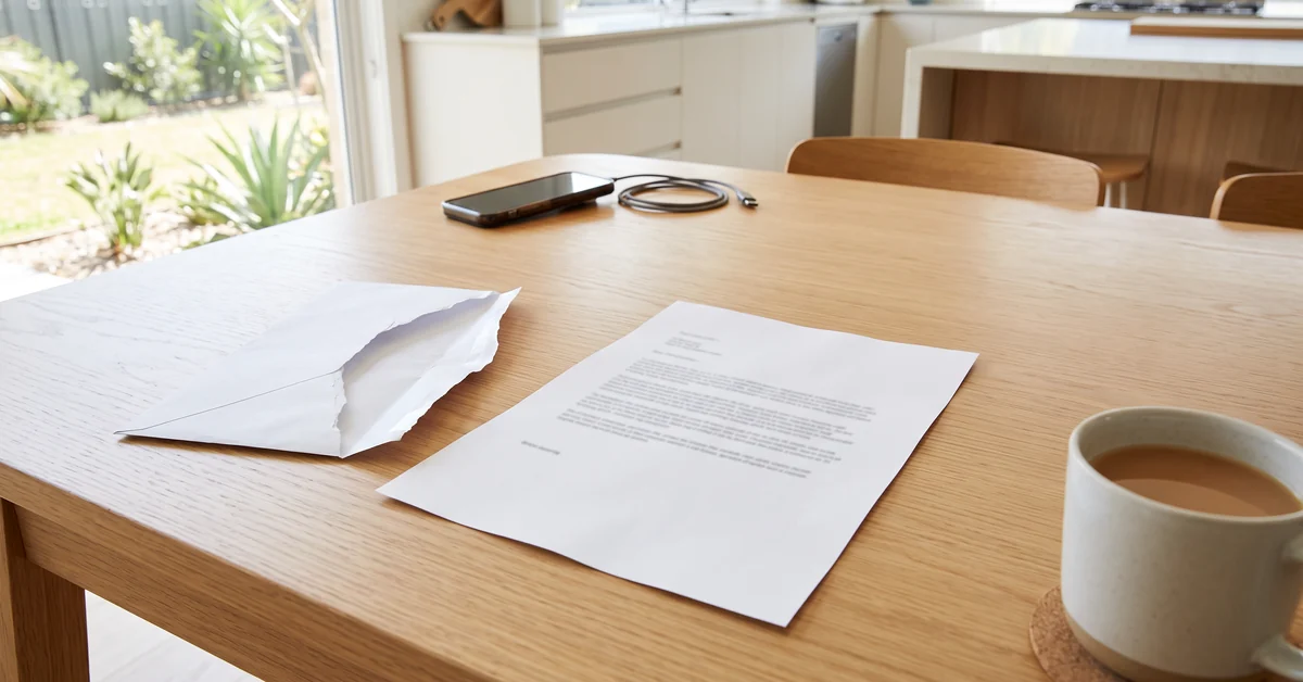 Opened letter and torn envelope on a kitchen table beside a face-down phone