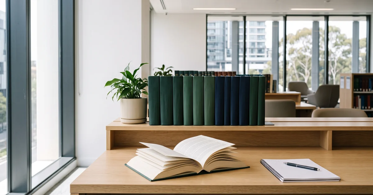 Bound law reports open on a sunlit modern library desk