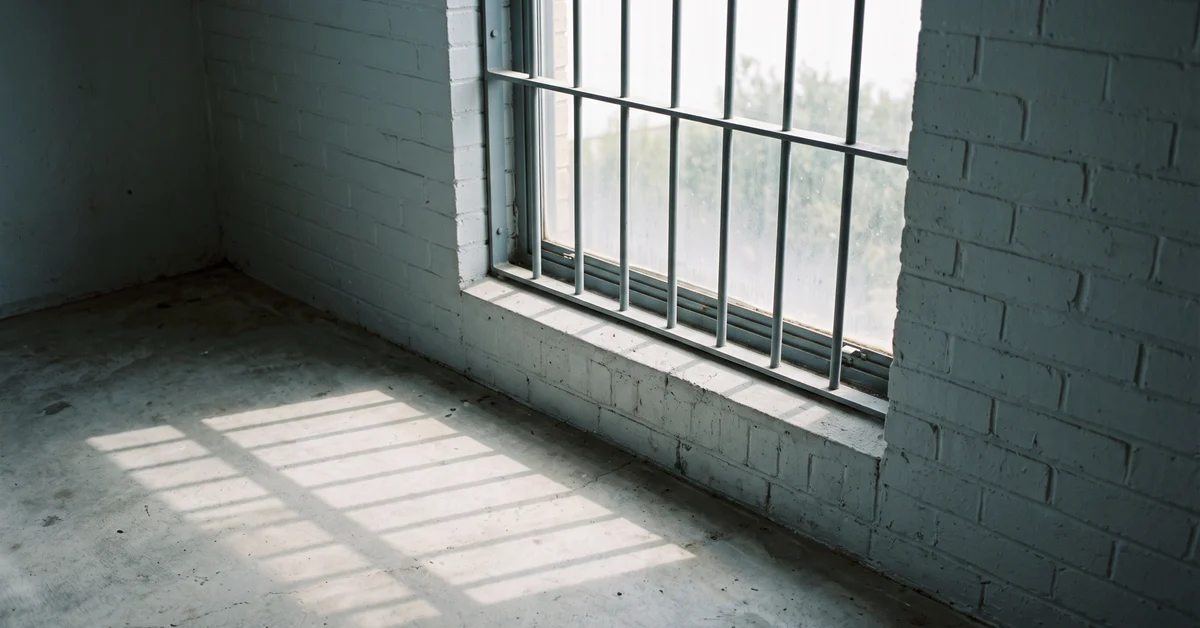 High barred window casting light onto a bare floor