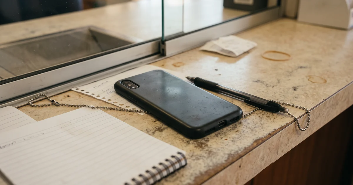 A black smartphone with a protective case rests on a beige counter beside a spiral notebook and a black ballpoint pen connected by a decorative chain edge of the counter.