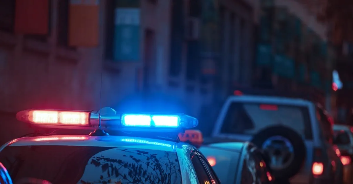 a police car with its siren on parked behind a number of vehicles