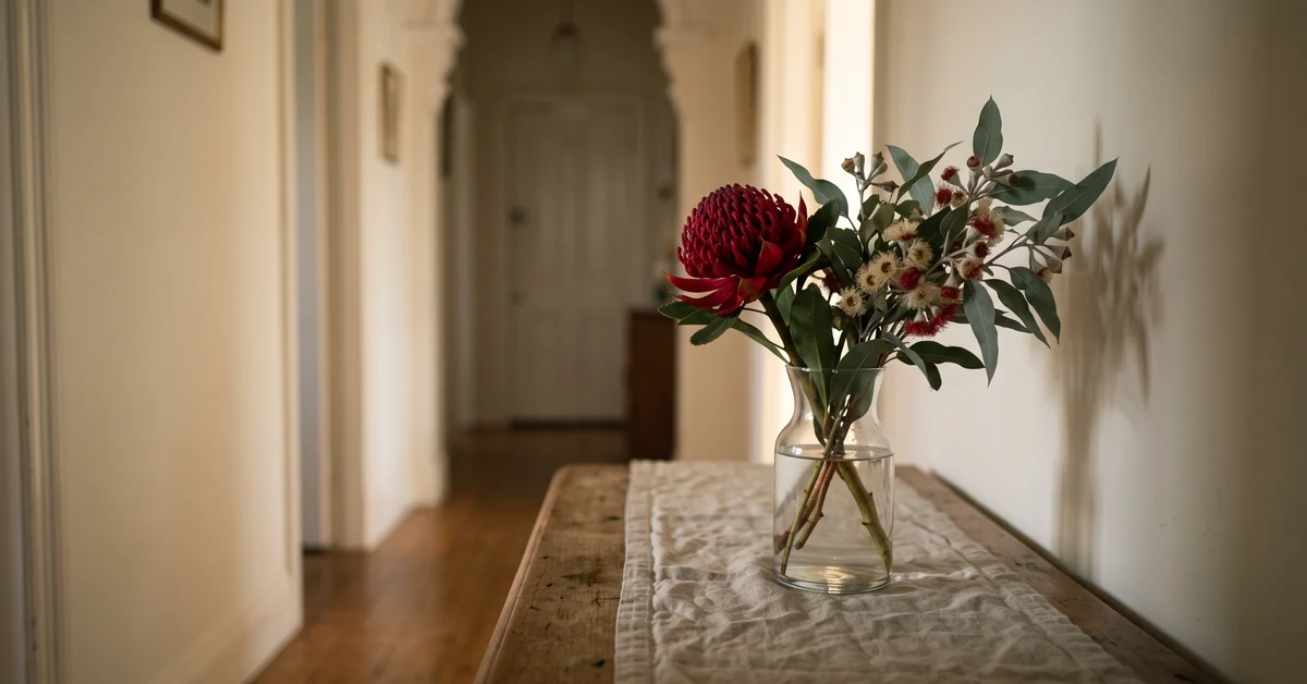 Vase of native flowers on a hall table in afternoon light