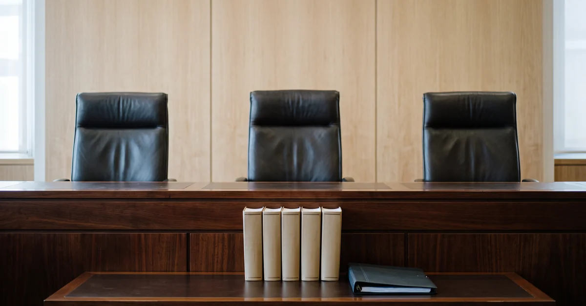 Empty judicial bench with three black leather chairs and a row of beige binders on a dark wood desk outside view of the courtroom gallery